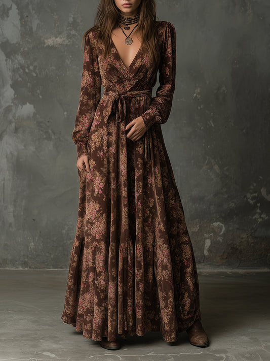 Retro Floral Suede Printed A-line Maxi Dress With Belt