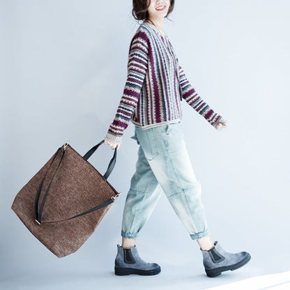 Feine gestreifte Strickjacken aus Baumwolle in Übergröße, lässig, langärmelig, kurzer Pullover