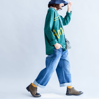 T-Shirt aus feiner Baumwolle mit grüner Alphabet-Stickerei, Pullover in Übergröße, Oberteile mit Fledermausärmeln