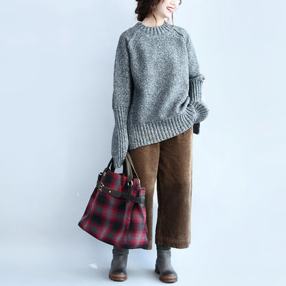 grauer 2024 Casaul Baumwollpullover in Übergröße, Rückseite offen, Langarm-Strickoberteile