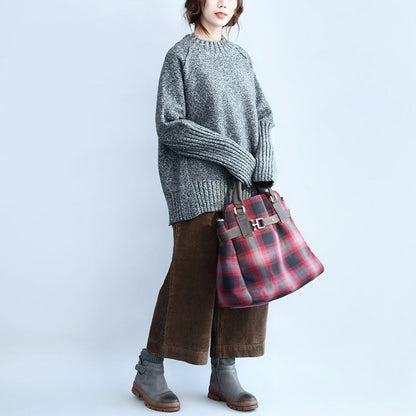 grauer 2024 Casaul Baumwollpullover in Übergröße, Rückseite offen, Langarm-Strickoberteile