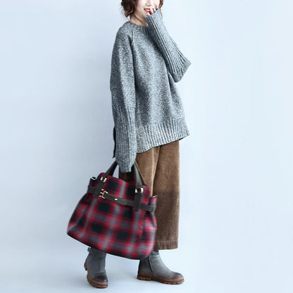 grauer 2024 Casaul Baumwollpullover in Übergröße, Rückseite offen, Langarm-Strickoberteile