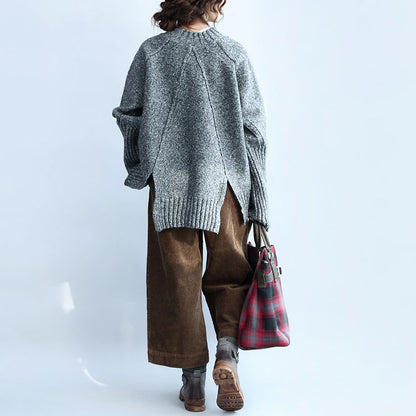 grauer 2024 Casaul Baumwollpullover in Übergröße, Rückseite offen, Langarm-Strickoberteile