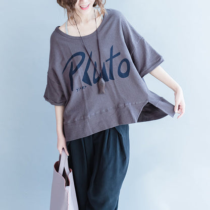 graue Baumwolloberteile mit Alphabet-Aufdruck in Übergröße, kurzärmeliges Wild-T-Shirt