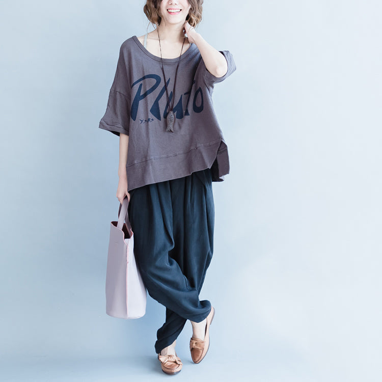 graue Baumwolloberteile mit Alphabet-Aufdruck in Übergröße, kurzärmeliges Wild-T-Shirt