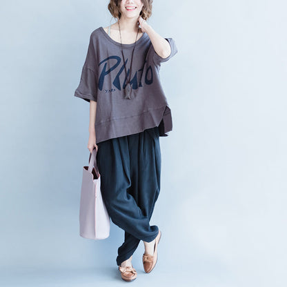 graue Baumwolloberteile mit Alphabet-Aufdruck in Übergröße, kurzärmeliges Wild-T-Shirt