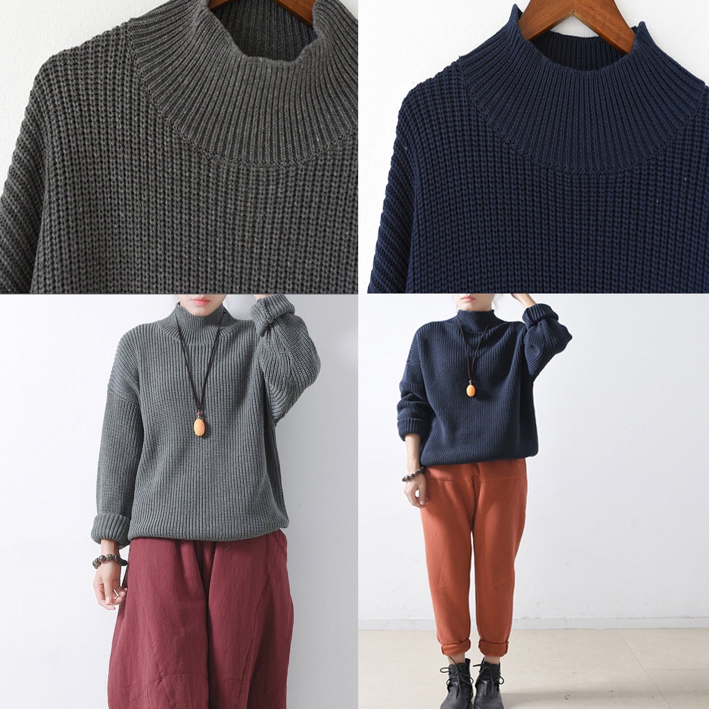 graue gemütliche übergroße Strickpullover Tops warme Damen Winterpullover 2024 klassisch