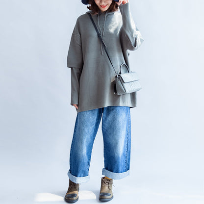 graugrüne lässige Woll-Mischgewebe-Oberbekleidung mit Kapuze und Oversize-Print