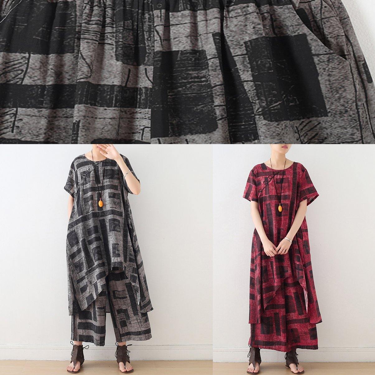 gray prints casual Chiffon two pieces side open tops and elastic waist wide leg pants - SooLinen