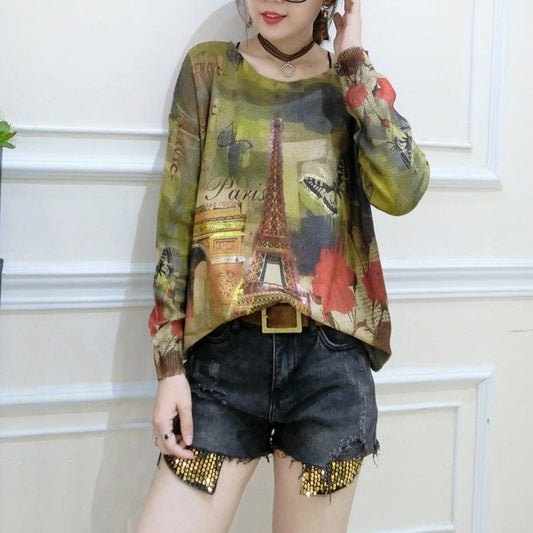 grüne Drucke lässige Baumwollpullover Tops Oversize O-Ausschnitt einzigartige Strickpullover