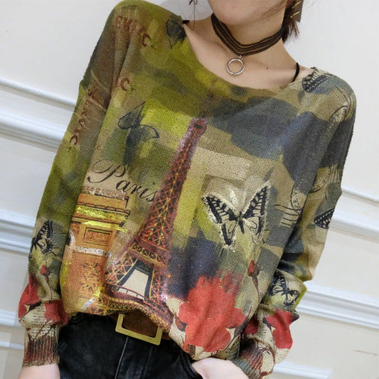 grüne Drucke lässige Baumwollpullover Tops Oversize O-Ausschnitt einzigartige Strickpullover