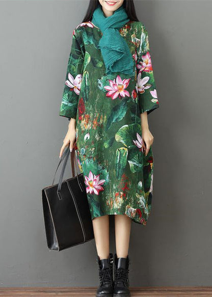 Grünes Print-Leinen-Maxikleid, lässiges Reisekleid, lässiges Kleid mit Armbandärmeln