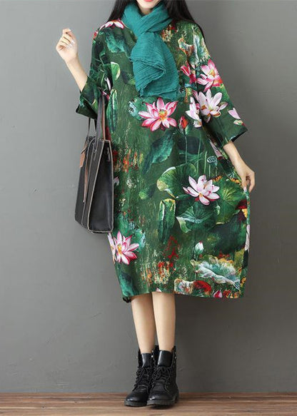 Grünes Print-Leinen-Maxikleid, lässiges Reisekleid, lässiges Kleid mit Armbandärmeln