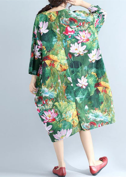 Leinen-Etuikleider mit grünem Aufdruck, locker sitzende, wilde Leinenkleider mit langen Ärmeln für den Urlaub 2018