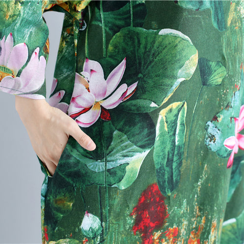 Leinen-Etuikleider mit grünem Aufdruck, locker sitzende, wilde Leinenkleider mit langen Ärmeln für den Urlaub 2018