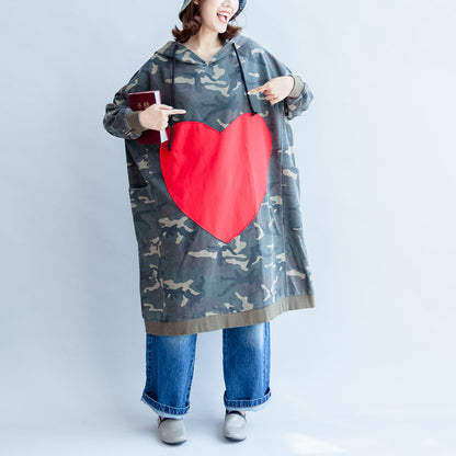 grüne Rüschen Herbst Baumwollkleider Plus Size große liebevolle Herz Kapuzendrucke mittellanges Freizeitkleid