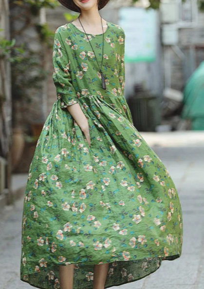 2018 grün bedrucktes Naturleinenkleid Locker sitzende Leinenkleider mit O-Ausschnitt 2018 Baggy-Kleider mit Dreiviertelärmeln