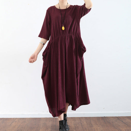 Burgunderfarbenes Baggy-Kleid in Übergröße mit halben Ärmeln, plissierte Seidenkleider, langes Maxikleid aus Seide, Tunikakleid