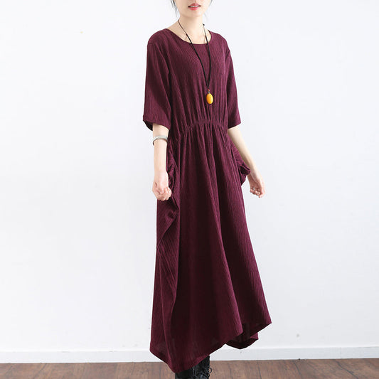 Burgunderfarbenes Baggy-Kleid in Übergröße mit halben Ärmeln, plissierte Seidenkleider, langes Maxikleid aus Seide, Tunikakleid