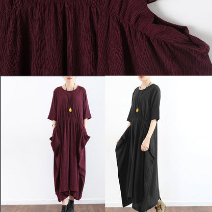 Burgunderfarbenes Baggy-Kleid in Übergröße mit halben Ärmeln, plissierte Seidenkleider, langes Maxikleid aus Seide, Tunikakleid