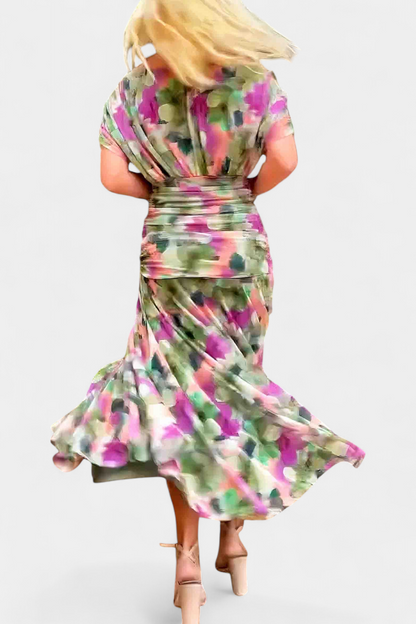 Long Floral Dress with V-Neckline and Romantic Elegance