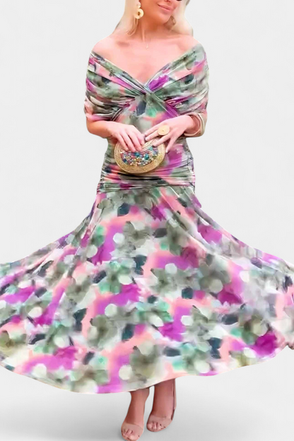 Long Floral Dress with V-Neckline and Romantic Elegance