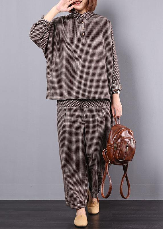 khaki plaid vintage cotton linen two pieces long sleeve shirt with women casual pants - SooLinen