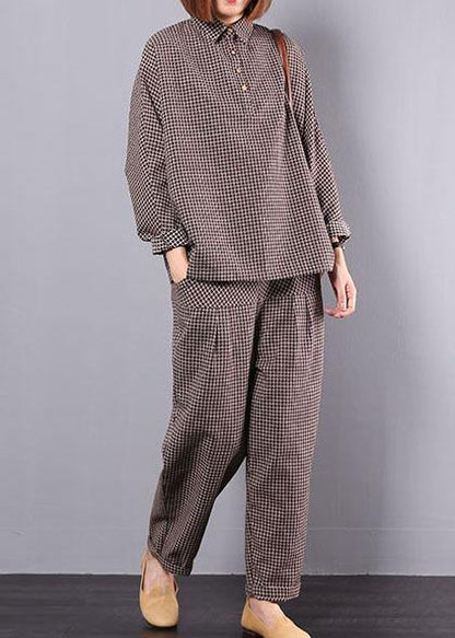 khaki plaid vintage cotton linen two pieces long sleeve shirt with women casual pants - SooLinen