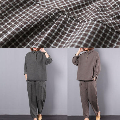 khaki plaid vintage cotton linen two pieces long sleeve shirt with women casual pants - SooLinen