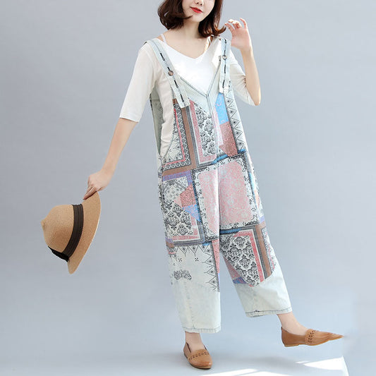 leichte Denim-Freizeithose aus Baumwolle Patchwork-Overallhose in Oversize