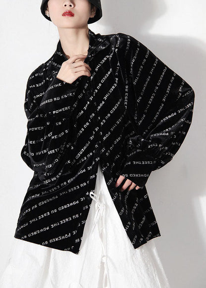 Camisa holgada negra con cuello Peter Pan y botones, estampada, para primavera