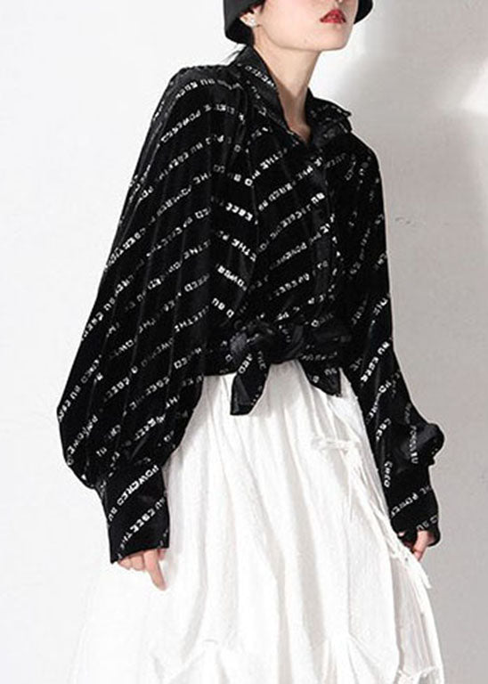 Camisa holgada negra con cuello Peter Pan y botones, estampada, para primavera