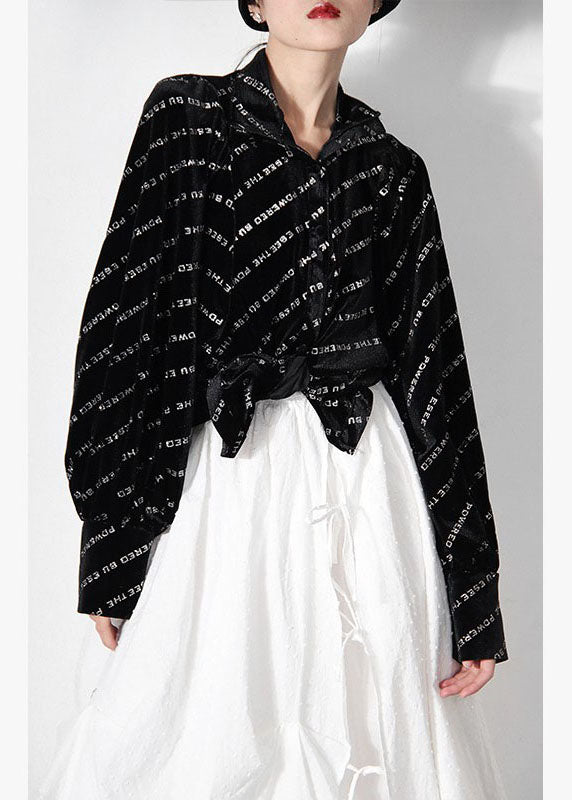 Camisa holgada negra con cuello Peter Pan y botones, estampada, para primavera