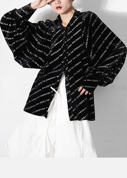 Camisa holgada negra con cuello Peter Pan y botones, estampada, para primavera