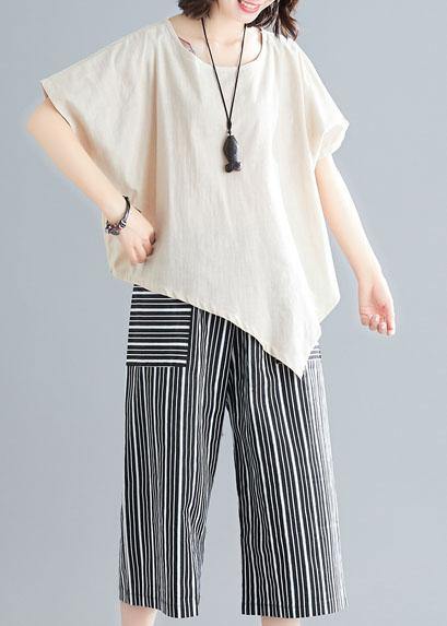 loose two pieces asymmetric white t shirts and striped pants - SooLinen