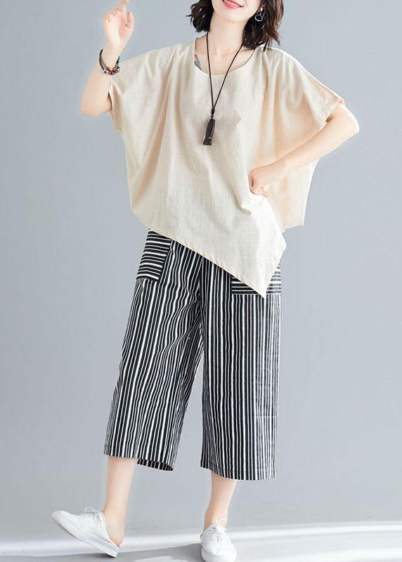 loose two pieces asymmetric white t shirts and striped pants - SooLinen