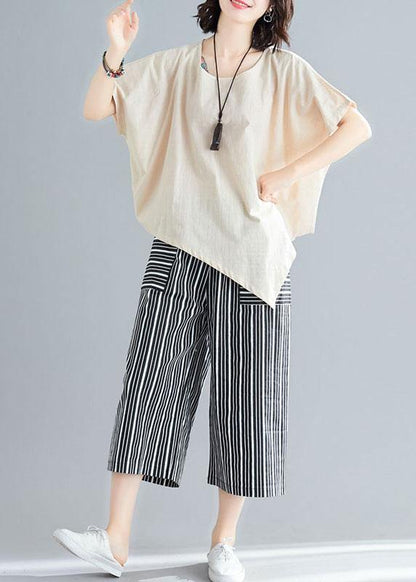 loose two pieces asymmetric white t shirts and striped pants - SooLinen