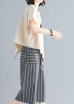 loose two pieces asymmetric white t shirts and striped pants - SooLinen