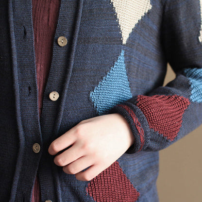 Marineblaue Patchwork-Strickjacken aus Wolle, lässig, locker, langärmelig, Oberbekleidung