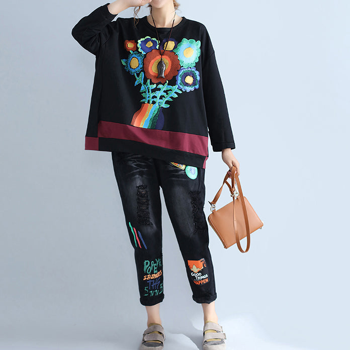 Neue herbst schwarz drucke baumwolle tops plus größe casual patchwork o neck batwing pullover