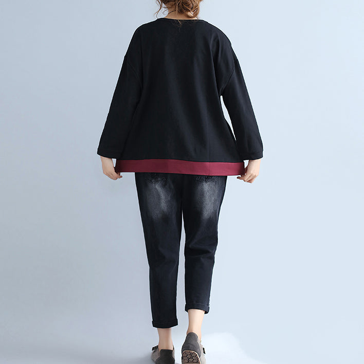 Neue herbst schwarz drucke baumwolle tops plus größe casual patchwork o neck batwing pullover