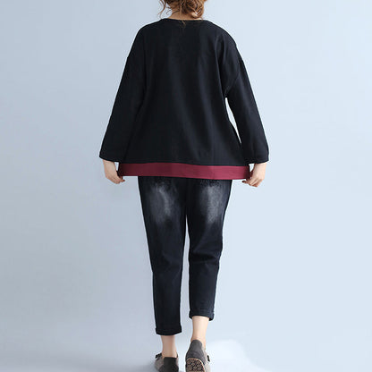 Neue herbst schwarz drucke baumwolle tops plus größe casual patchwork o neck batwing pullover