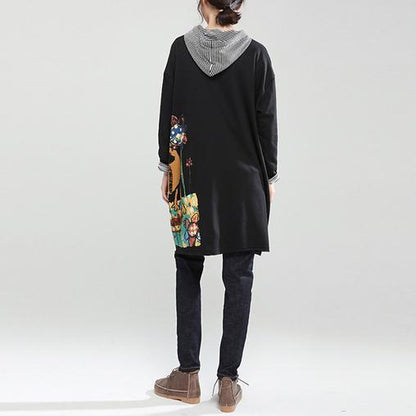 Neue herbst schwarz fit baumwolle mäntel lose beiläufige kapuzen strickjacke