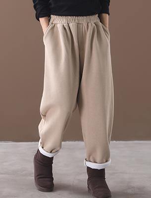 new beige winter casual trousers elastic waist thick harem pants - SooLinen