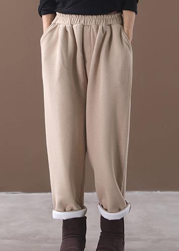 new beige winter casual trousers elastic waist thick harem pants - SooLinen