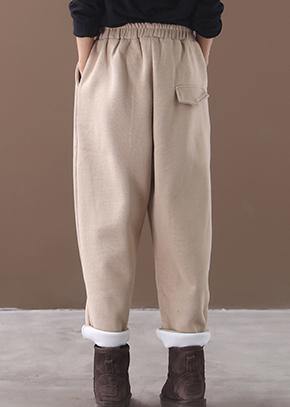 new beige winter casual trousers elastic waist thick harem pants - SooLinen