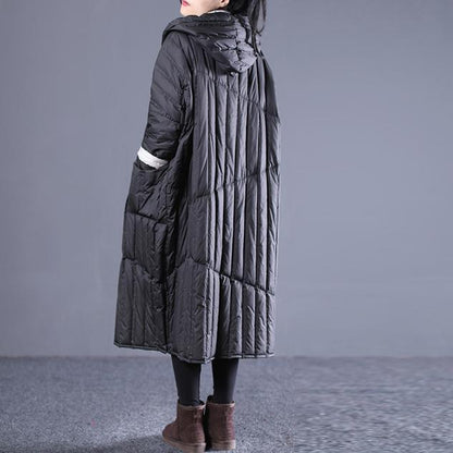 neue schwarze Outfits plus Größe Kapuzen Kordelzug Daunenjacke Elegante Taschen Daunenmantel