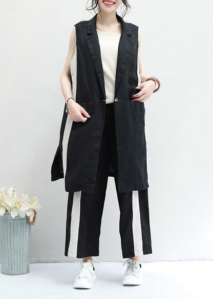 new black striped casual waistcoat and elastic waist wide leg pants - SooLinen