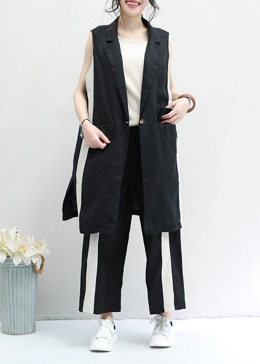 new black striped casual waistcoat and elastic waist wide leg pants - SooLinen