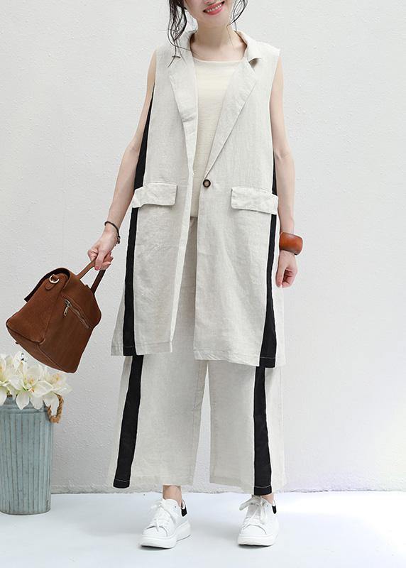 new black striped casual waistcoat and elastic waist wide leg pants - SooLinen